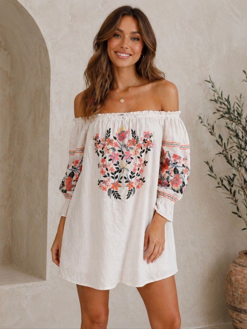FREE PEOPLE Fleur Du Jour Embroidered Mini Dress Size Large Ivory Boho Pockets